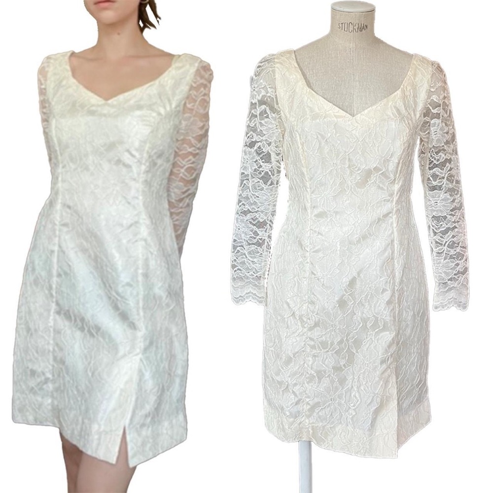 SOLD Vintage 80’s Lace Mini Dress Balletcore Side Slit Ivory / White
